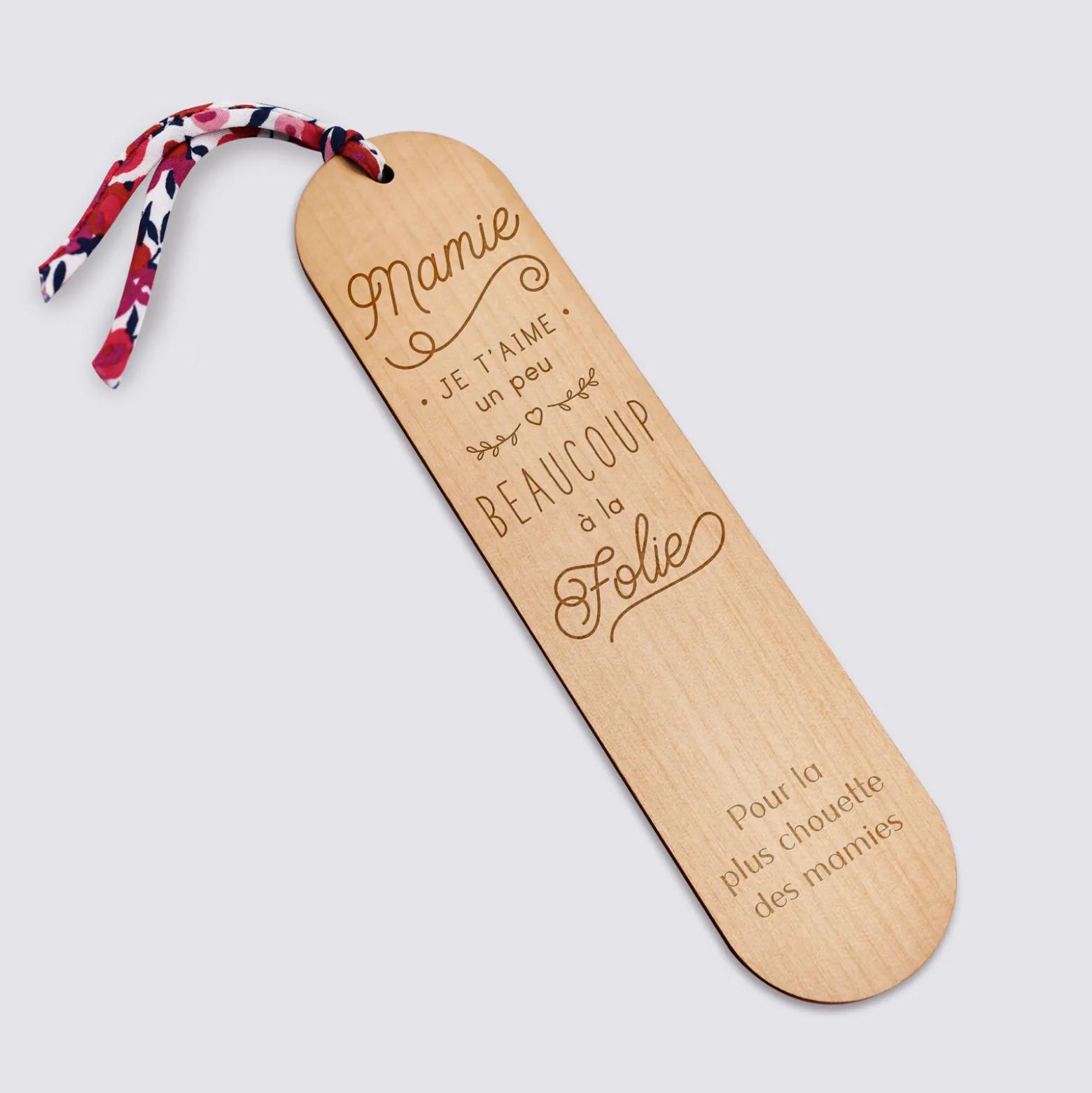 Marque page personnalisé bois gravé avec cordon liberty - édition spéciale "Mamie je t'aime"