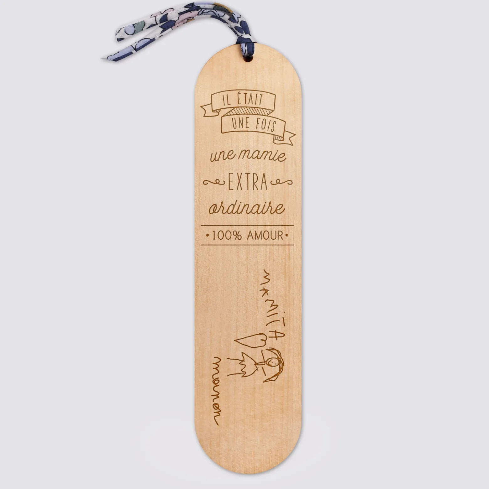 Marque page personnalisé bois gravé avec cordon liberty - édition spéciale "Bonne lecture mamie"