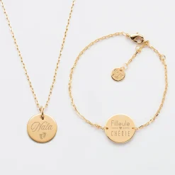 Parure enfant personnalisé pendentif et bracelet chaîne médailles gravées plaqué or 15 mm