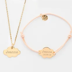Parure enfant personnalisé pendentif et bracelet médailles gravées plaqué or nuage 20x14 mm