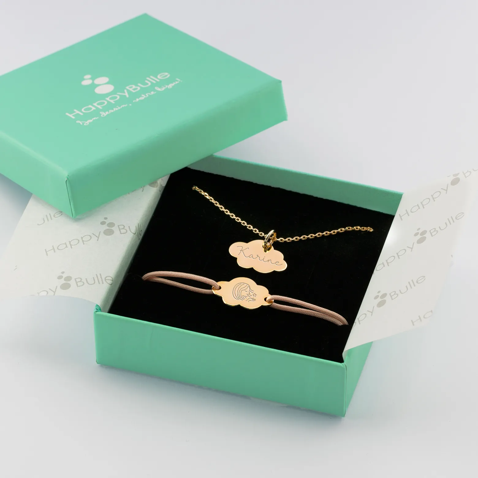 Parure enfant personnalisé pendentif et bracelet médailles gravées plaqué or nuage 20x14 mm