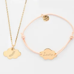 Parure enfant personnalisé pendentif et bracelet médailles gravées plaqué or nuage 20x14 mm