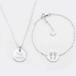 Parure enfant personnalisé pendentif et bracelet chaîne médailles gravées argent 15 mm
