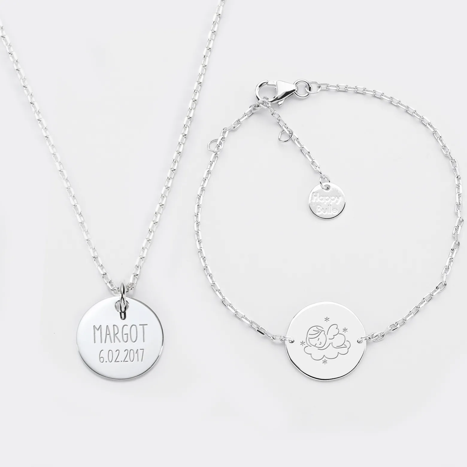 Parure enfant personnalisé pendentif et bracelet chaîne médailles gravées argent 15 mm