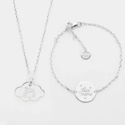 Parure enfant personnalisé pendentif médaille gravée argent nuage 20x14 mm et bracelet chaîne médaille gravée argent 15 mm