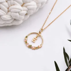 Pendentif cercle scintillant coloré personnalisé médaille plaqué or lettre initiale 5 mm