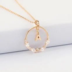 Pendentif cercle scintillant blanc personnalisé médaille plaqué or lettre initiale 5 mm