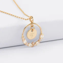 Pendentif cercle scintillant blanc personnalisé médaille gravée plaqué or 10 mm