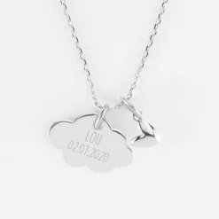Pendentif enfant personnalisé médaille gravée argent nuage 20x14 mm et breloque petit coeur bombé 7 mm - HappyBulle x Atelier Wagram