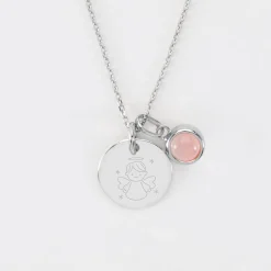 Pendentif enfant personnalisé médaille gravée argent 15 mm et breloque pierre naturelle 8 mm