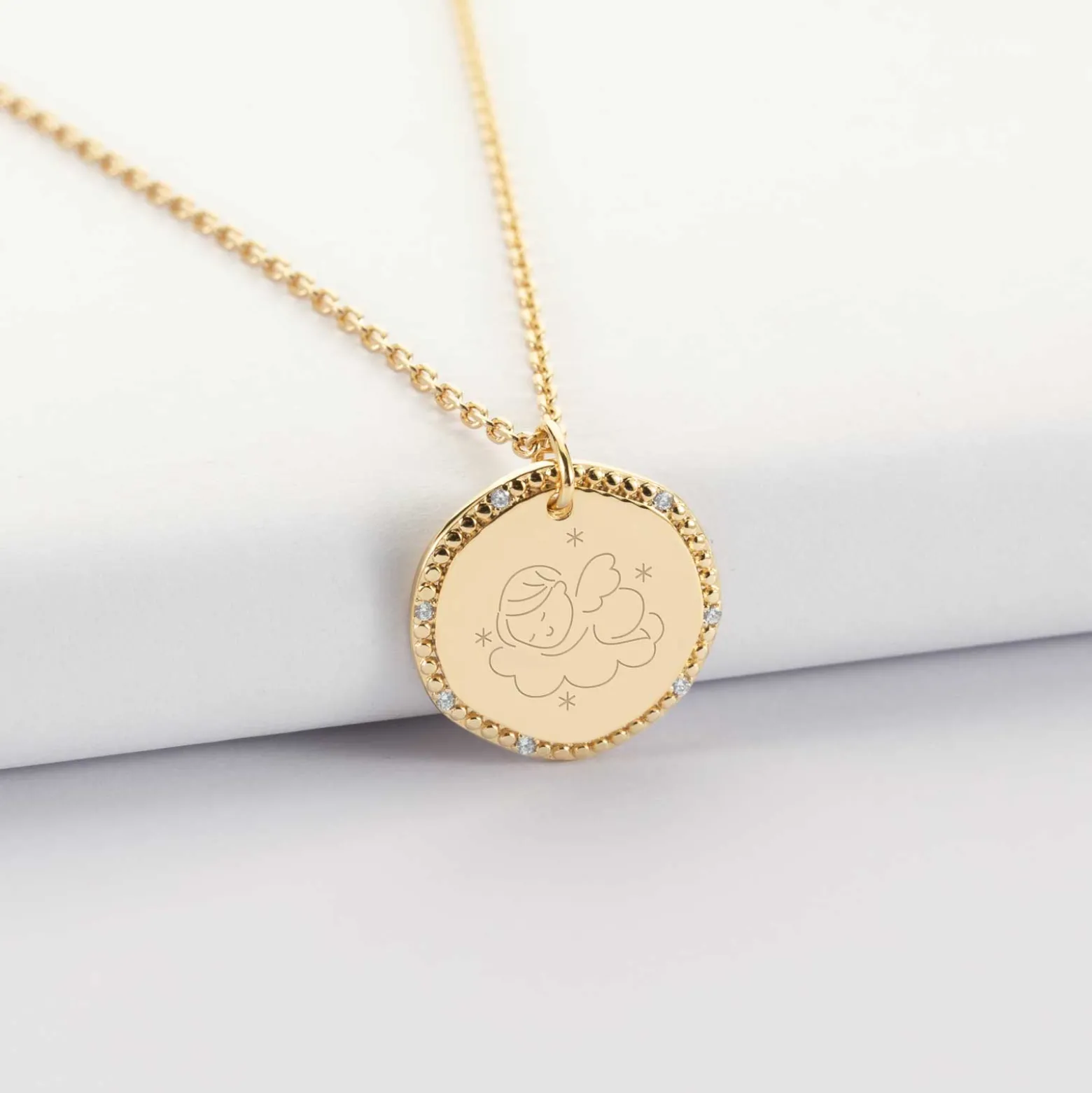 Pendentif enfant personnalisé médaille contour scintillant gravée plaqué or 16 mm