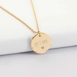 Pendentif enfant personnalisé médaille contour scintillant gravée plaqué or 16 mm