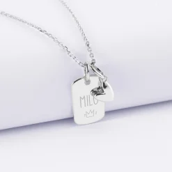 Pendentif enfant personnalisé médaille gravée argent rectangle 17x11 mm et breloque petit coeur bombé 7 mm - HappyBulle x Atelier Wagram