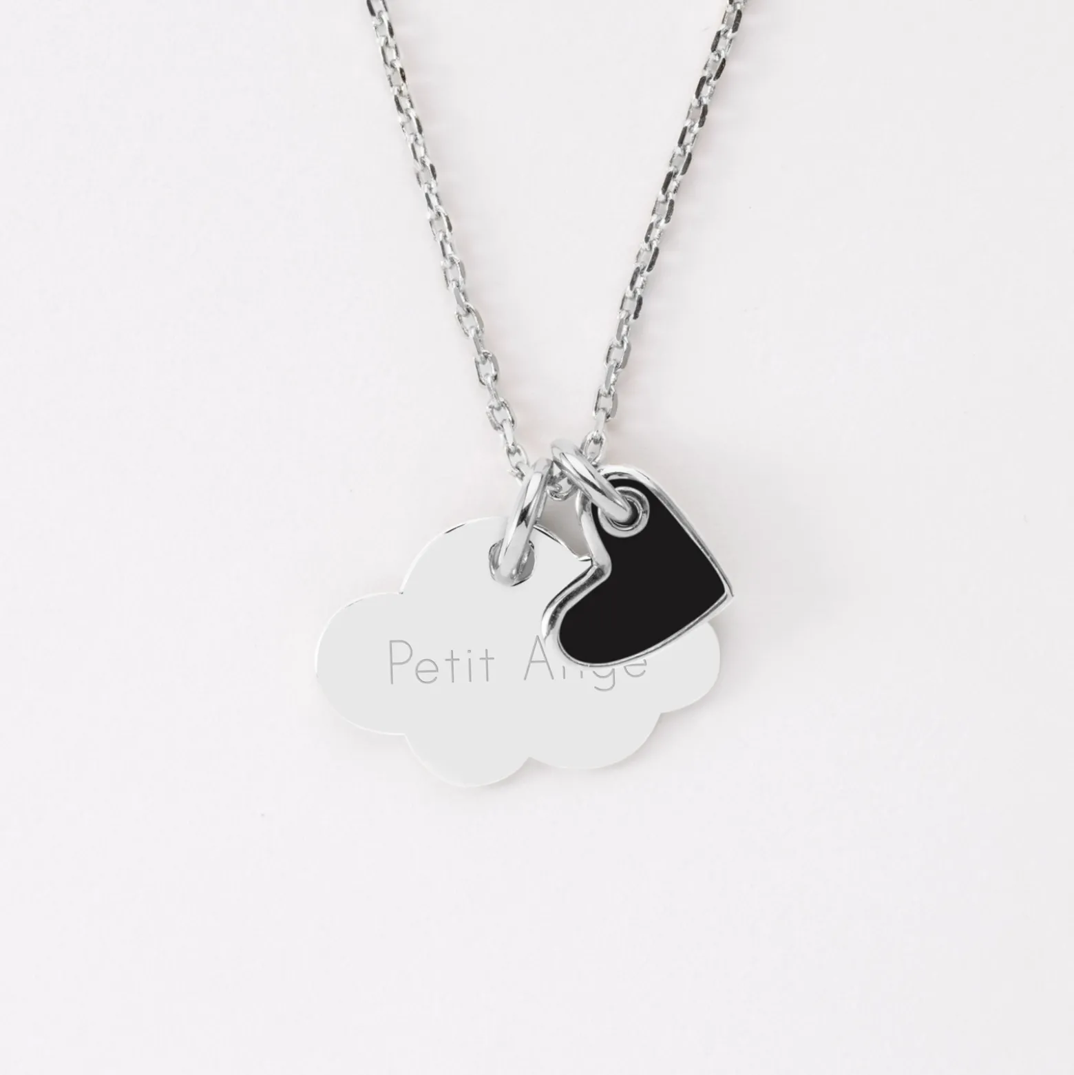 Pendentif enfant personnalisé médaille gravée argent nuage 20x14 mm et breloque coeur email 10 mm