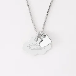 Pendentif enfant personnalisé médaille gravée argent nuage 20x14 mm et breloque coeur email 10 mm