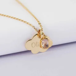 Pendentif enfant personnalisé médaille gravée plaqué or nuage 20x14 mm et breloque rectangle zircon plaqué or 9 mm
