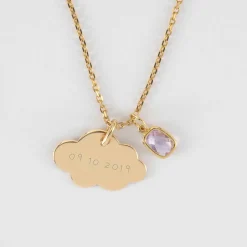 Pendentif enfant personnalisé médaille gravée plaqué or nuage 20x14 mm et breloque rectangle zircon plaqué or 9 mm