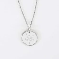 Pendentif enfant personnalisé médaille contour scintillant gravée argent 16 mm