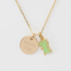 Pendentif enfant personnalisé médaille gravée plaqué or 15 mm et breloque email dinosaure 12 mm