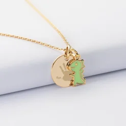 Pendentif enfant personnalisé médaille gravée plaqué or 15 mm et breloque email dinosaure 12 mm