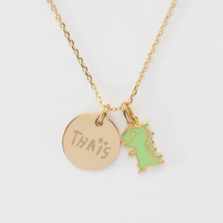 Pendentif enfant personnalisé médaille gravée plaqué or 15 mm et breloque email dinosaure 12 mm