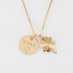 Pendentif enfant personnalisé médaille gravée plaqué or 15 mm et breloque trèfle scintillant 15 mm