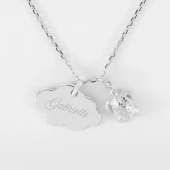 Pendentif enfant personnalisé médaille gravée argent nuage 20x14 mm et breloque tortue 10 mm