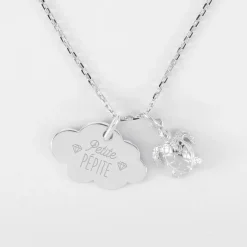 Pendentif enfant personnalisé médaille gravée argent nuage 20x14 mm et breloque tortue 10 mm