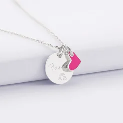 Pendentif enfant personnalisé médaille gravée argent 15 mm et breloque coeur email 10 mm