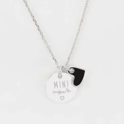Pendentif enfant personnalisé médaille gravée argent 15 mm et breloque coeur email 10 mm