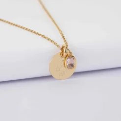 Pendentif enfant personnalisé médaille gravée plaqué or 15 mm et breloque rectangle zircon plaqué or 9 mm