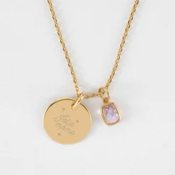 Pendentif enfant personnalisé médaille gravée plaqué or 15 mm et breloque rectangle zircon plaqué or 9 mm