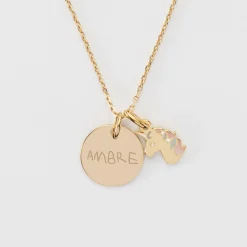 Pendentif enfant personnalisé médaille gravée plaqué or 15 mm et breloque email licorne 12 mm