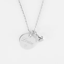 Pendentif enfant personnalisé médaille gravée argent 15 mm et breloque petit coeur bombé 7 mm - HappyBulle x Atelier Wagram