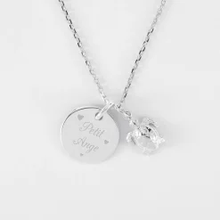 Pendentif enfant personnalisé médaille gravée argent 15 mm et breloque tortue 10 mm