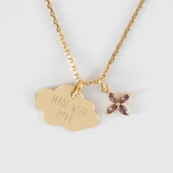 Pendentif enfant personnalisé médaille gravée plaqué or nuage 20x14 mm et breloque fleur pétales zircons 10 mm