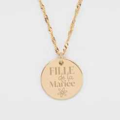 Pendentif Famille des mariés personnalisé médaille gravée plaqué or 19 mm