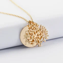 Pendentif famille personnalisé arbre de vie et médaille gravée plaqué or 19 mm