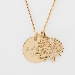 Pendentif famille personnalisé arbre de vie et médaille gravée plaqué or 19 mm