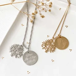 Pendentif famille personnalisé arbre de vie et médaille gravée plaqué or 19 mm