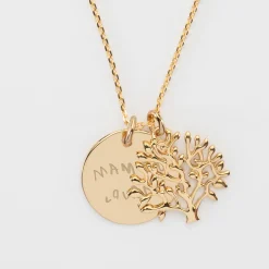 Pendentif famille personnalisé arbre de vie et médaille gravée plaqué or 19 mm