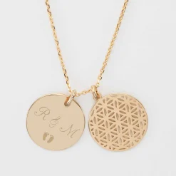 Pendentif famille personnalisé fleur de vie et médaille gravée plaqué or 19 mm