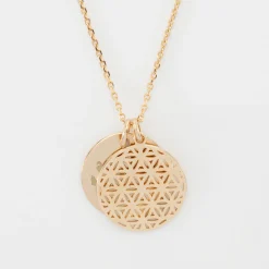 Pendentif famille personnalisé fleur de vie et médaille gravée plaqué or 19 mm