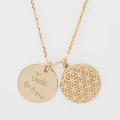 Pendentif famille personnalisé fleur de vie et médaille gravée plaqué or 19 mm