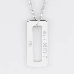 Pendentif homme personnalisé médaille gravée acier rectangle évidé 32x14 mm