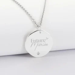 Pendentif Mariée personnalisé médaille scintillante gravée argent 20 mm