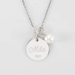 Pendentif Mariée personnalisé médaille gravée argent 19 mm et breloque perle nacre 10 mm