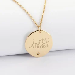 Pendentif Mariée personnalisé médaille scintillante gravée plaqué or 20 mm