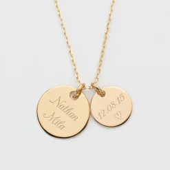 Pendentif personnalisé 2 médailles gravées plaqué or 19 mm et 15 mm