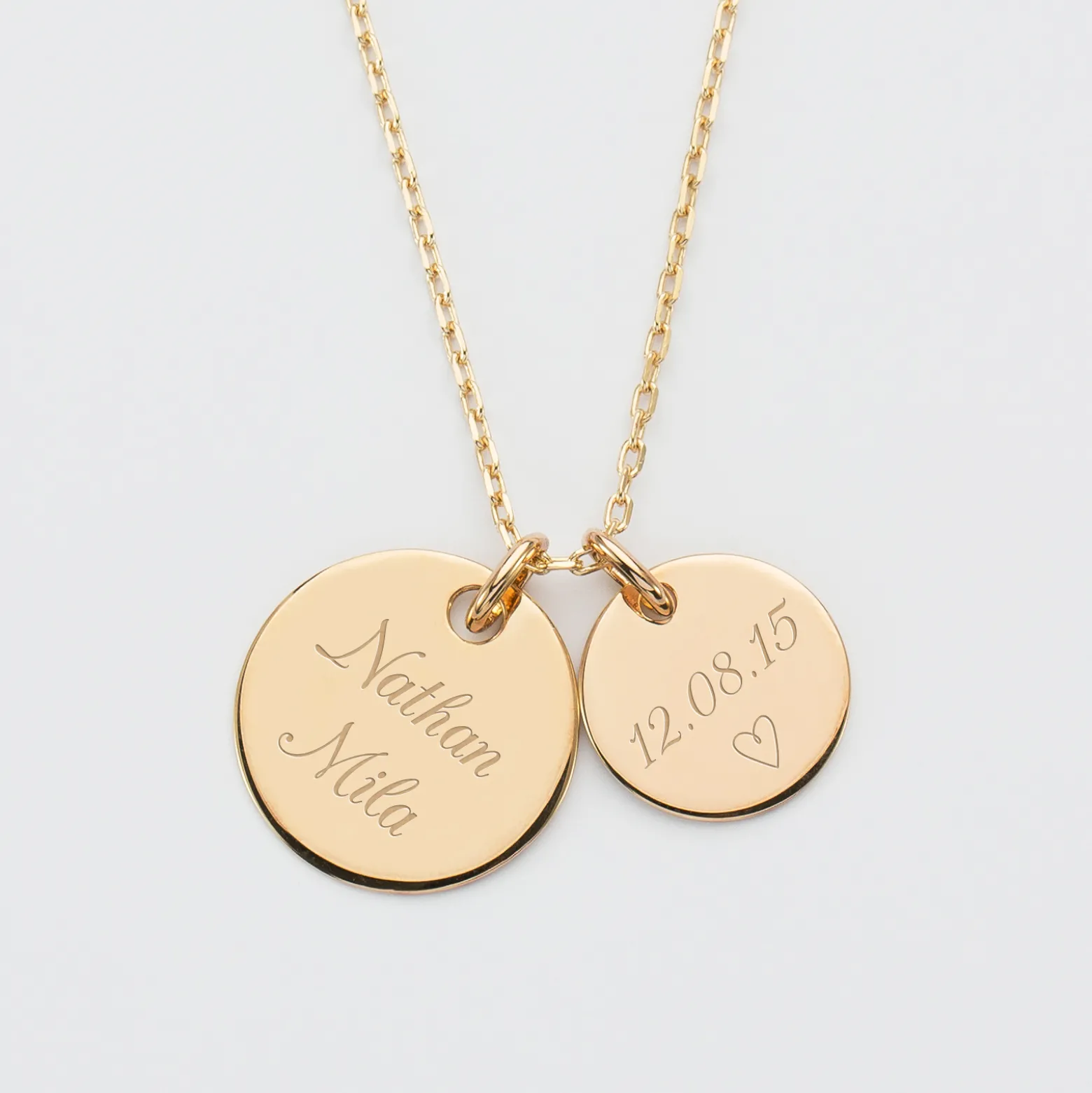 Pendentif personnalisé 2 médailles gravées plaqué or 19 mm et 15 mm